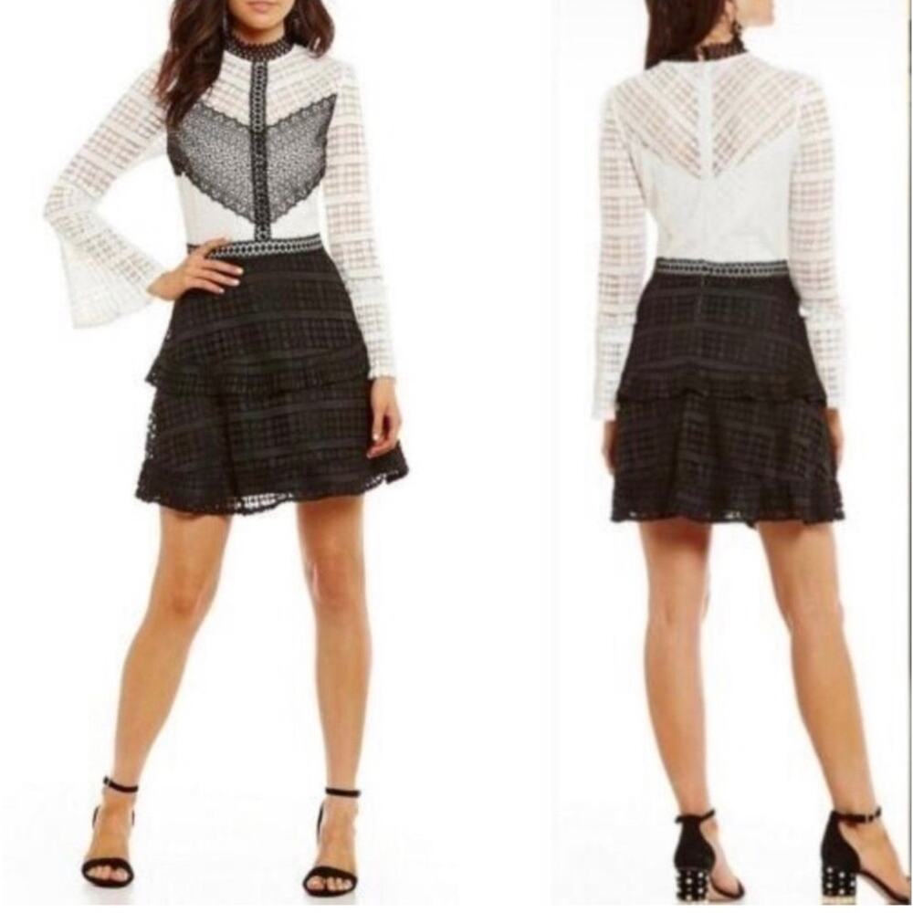 Gianni Bini Lace Dress XS Black White Sheer Sleeve Fit Flare Mini